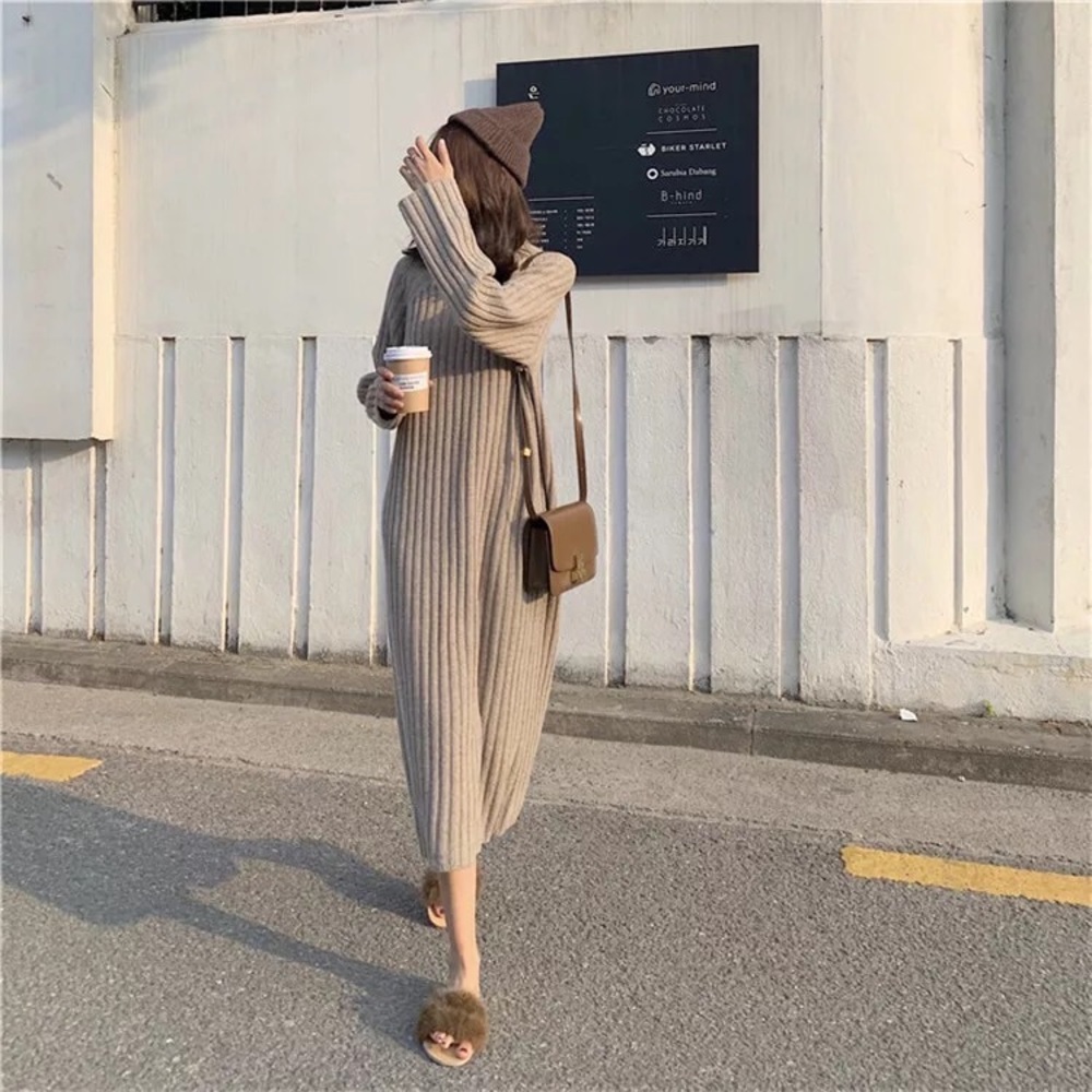 Sweater dress rib knit mocha brown long sleeve dress womens - Picture 6 of 6